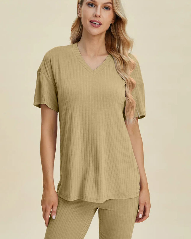 Basic Bae Full Size Ribbed V-Neck Short Sleeve Top and Shorts Set Chartreuse