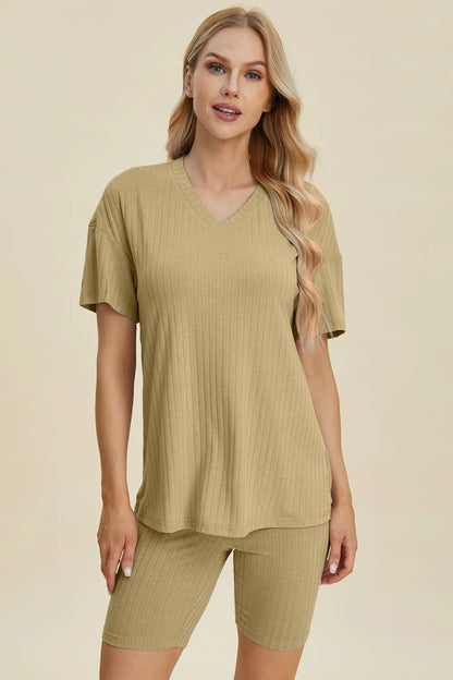 Basic Bae Full Size Ribbed V-Neck Short Sleeve Top and Shorts Set Chartreuse