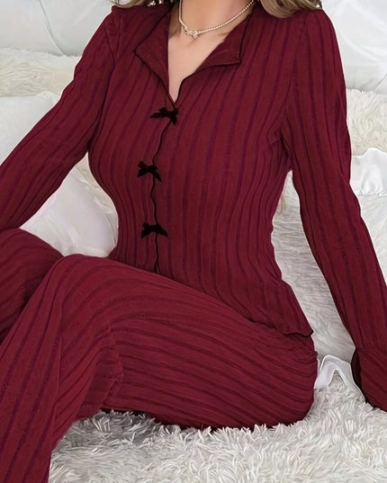Ribbed Bow Front Top and Pants Lounge Set