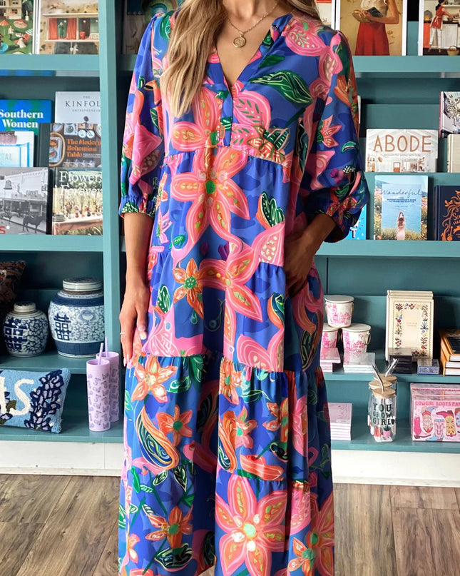 Floral Print 3/4 Sleeve V Neck Tiered Dress Royal Blue