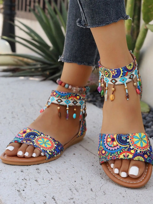 Beaded Ankle Strap Sandals 
