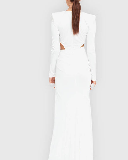 DR714 Graceful Pleated V-Neck Hollow Maxi Dress with Slit