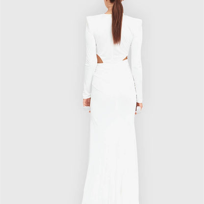 DR714 Graceful Pleated V-Neck Hollow Maxi Dress with Slit