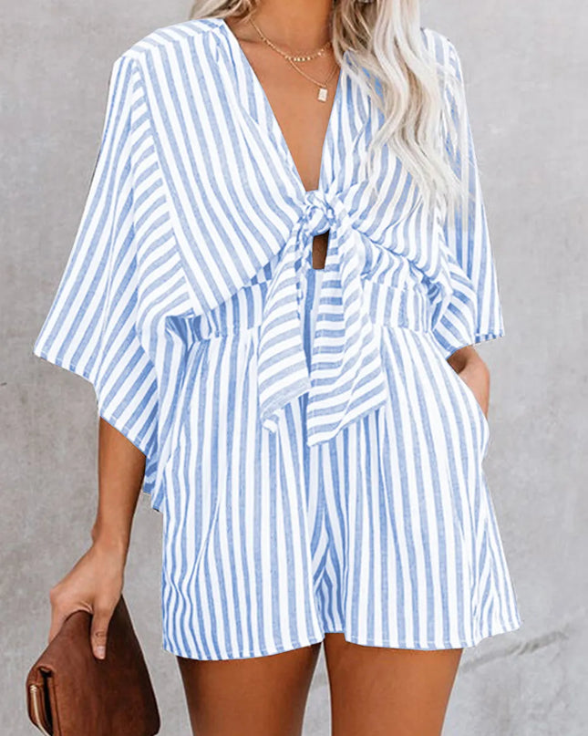 Bow Striped Kimono Sleeve Romper