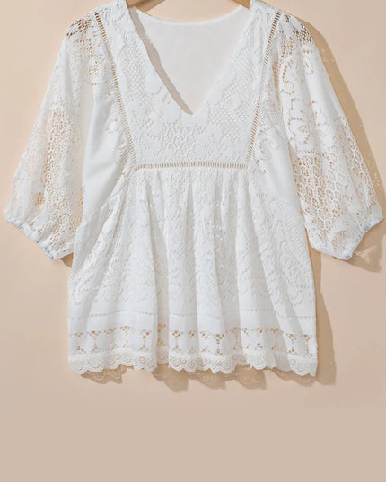 Lace Crochet Hollowed Scallop Hem V Neck Blouse