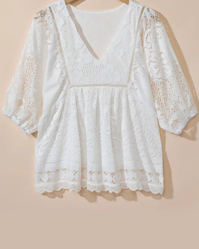 Lace Crochet Hollowed Scallop Hem V Neck Blouse