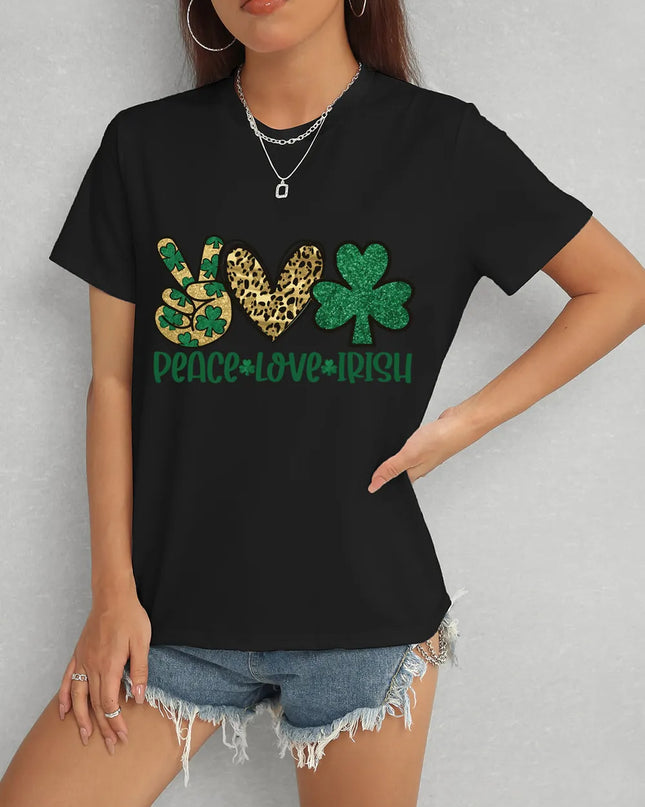 PEACE LOVE IRISH Round Neck Short Sleeve T-Shirt Black