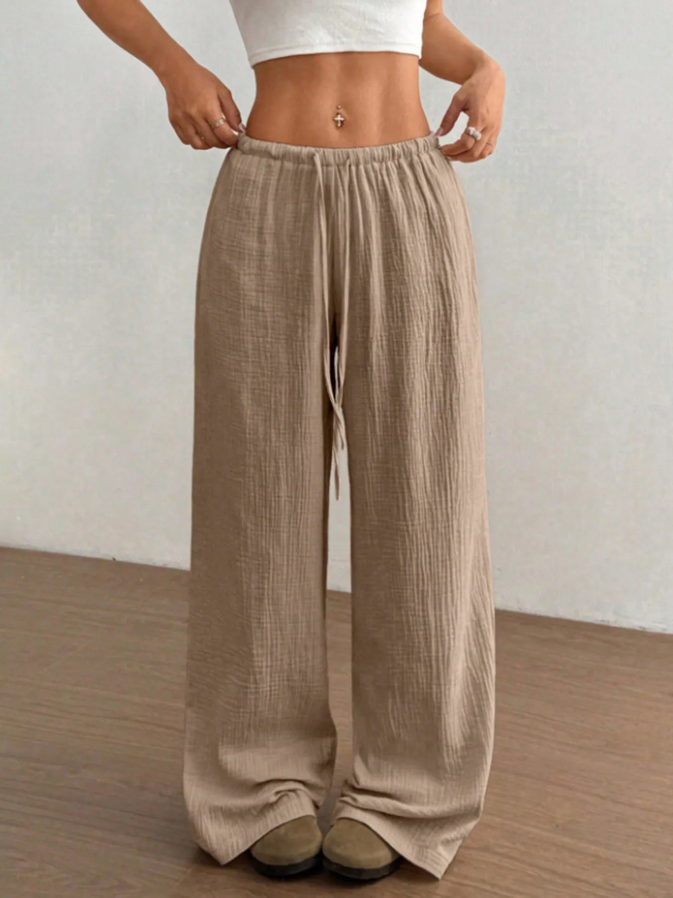 Wide Leg Drawstring Casual Pants Camel