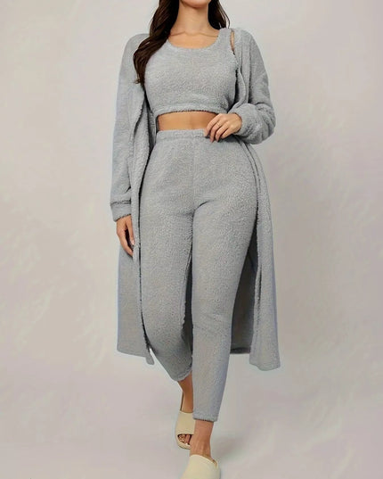 Fuzzy Tank Long Sleeve Cardigan and Pants 3-Piece Lounge Set Blue