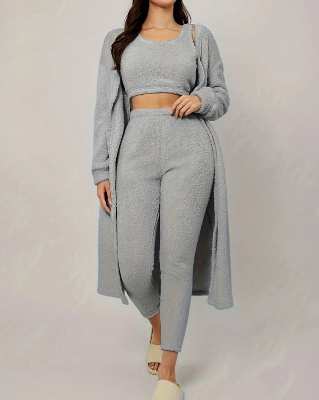 Fuzzy Tank Long Sleeve Cardigan and Pants 3-Piece Lounge Set Blue