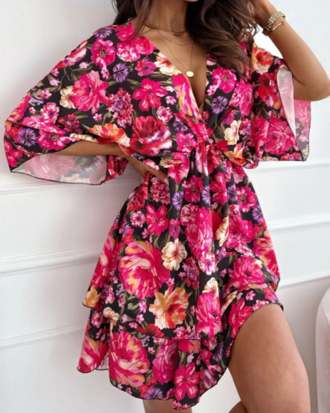 Floral Print V-Neck Ruffle Mini Dress