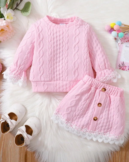Children's Lace Detail Top and Skirt Set Pink