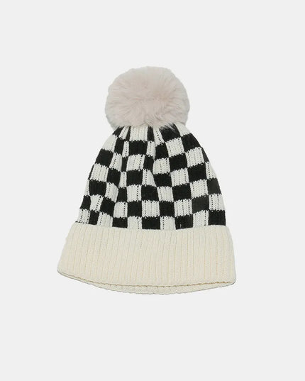 Checkered Knit Hat with Pompom