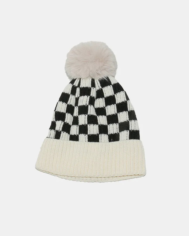 Checkered Knit Hat with Pompom