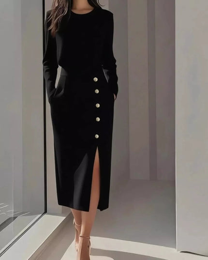 Long Sleeve Button Detail Midi Dress with Side Slit Black