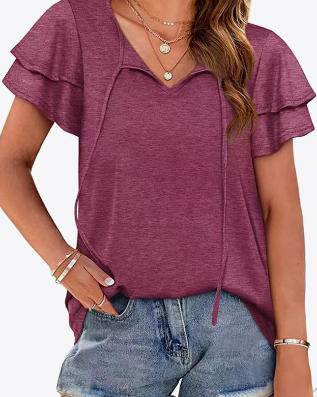 Tie-Neck Layered Flutter Sleeve Blouse Wine