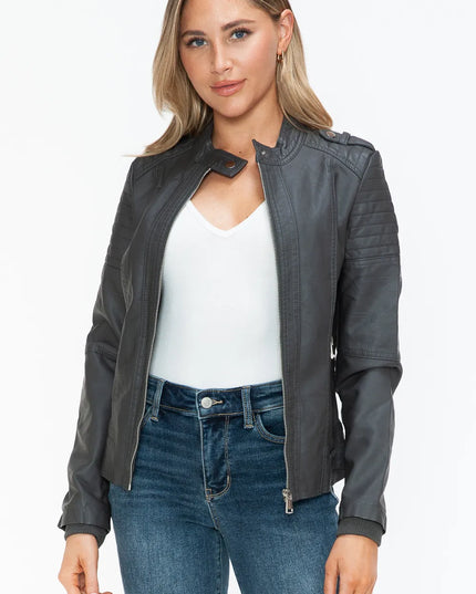 Snobbish PU Leather Biker Jacket with Side Zip Pockets Charcoal