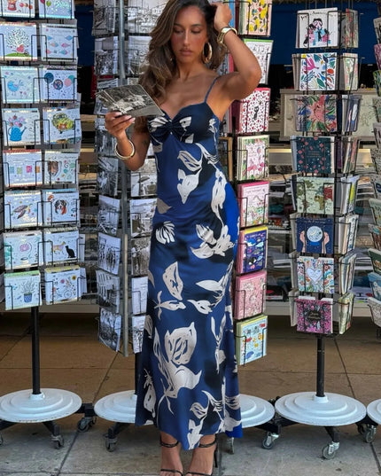 Printed Sweetheart Neck Maxi Dress Blue
