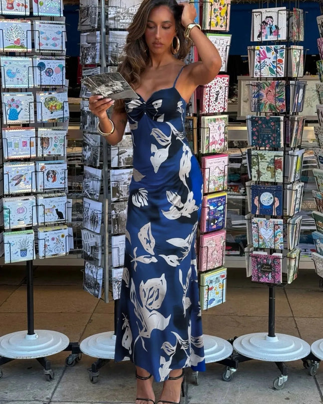 Printed Sweetheart Neck Maxi Dress Blue