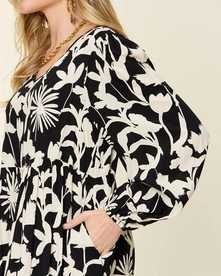 Double Take Full Size Printed Ruffle Hem Dress with Pocket