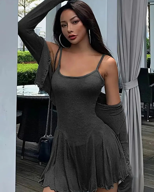 Long Sleeve Crop Top and Cami Dress Set