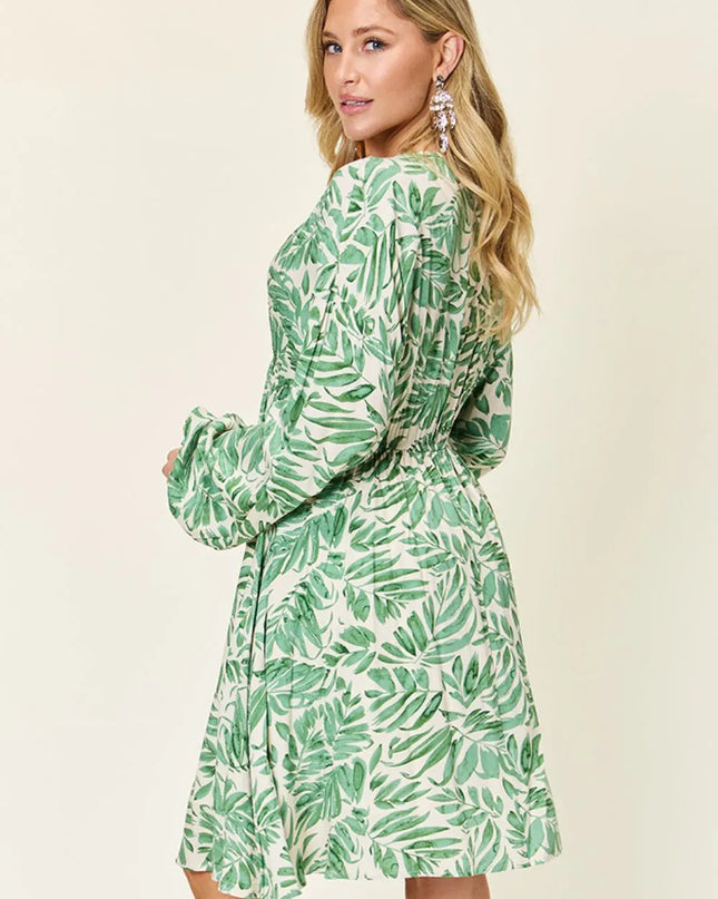 Double Take Full Size Printed Ruched Balloon Sleeve Dress