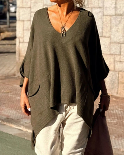 Ribbed Hem V-Neck Sweater Army Green