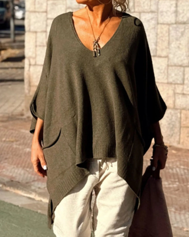 Ribbed Hem V-Neck Sweater Army Green