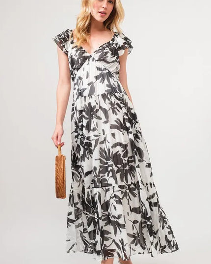 And The Why Ruffled Sleeve Tiered Floral Print Maxi Dress BLACK CREAM