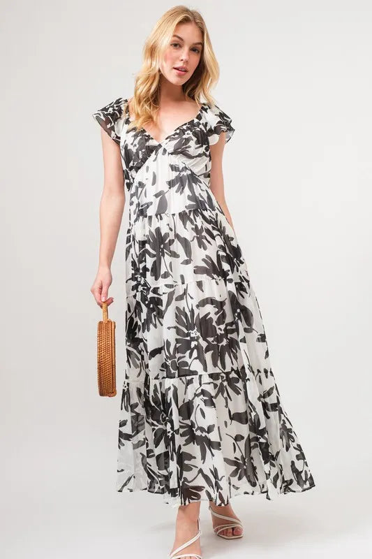And The Why Ruffled Sleeve Tiered Floral Print Maxi Dress BLACK CREAM