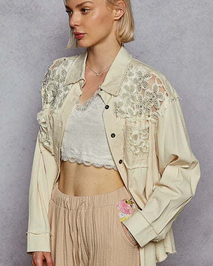POL Button Down Raw Edg Shirt with Pearl Lace Patch