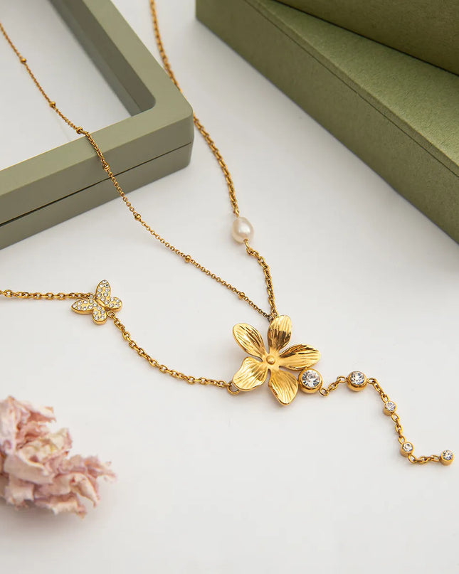 3-Piece 18K Gold-Plated Stainless Steel Flower Necklace