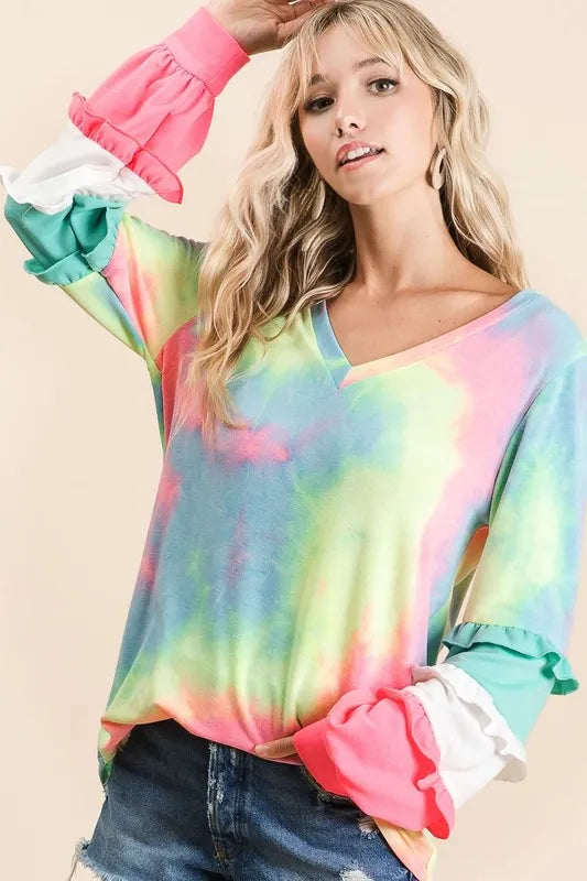 BiBi Tie Dye V Neck Top with Color Block Sleeves PASTEL TIE DYE