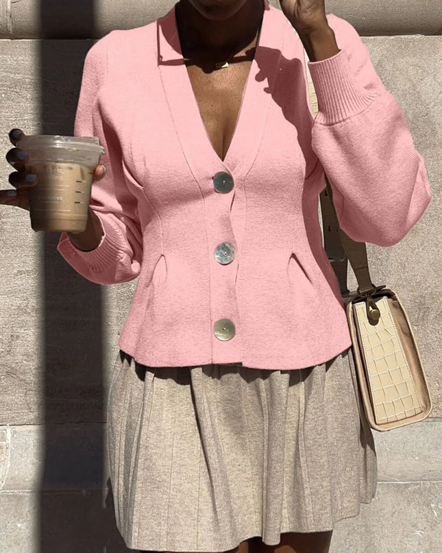 Button-Up V-Neck Knit Cardigan