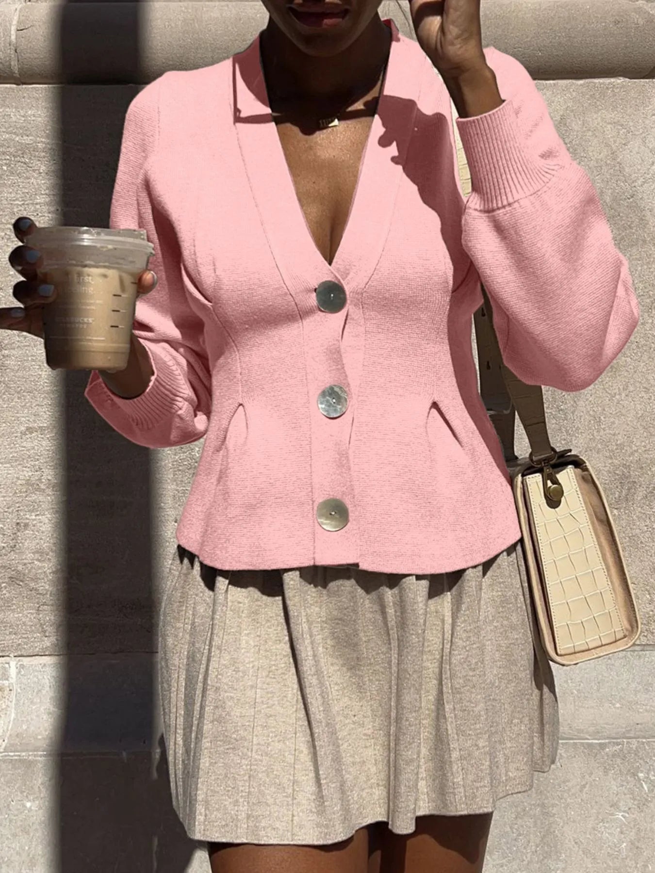 Button-Up V-Neck Knit Cardigan