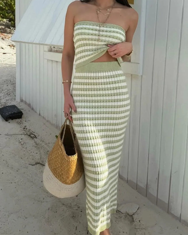 Contrast Striped Tube Top and Skirt Sweater Set