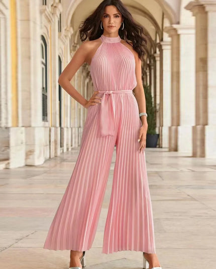 Pleated Sleeveless Wide Leg Jumpsuit Pink
