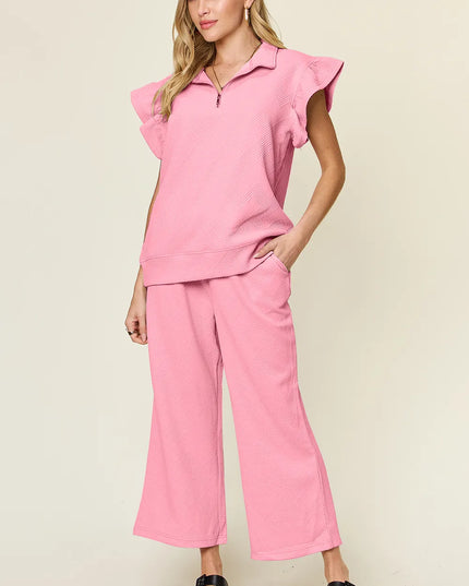 Double Take Texture Ruffle Short Sleeve Top and Drawstring Wide Leg Pants Set Pink