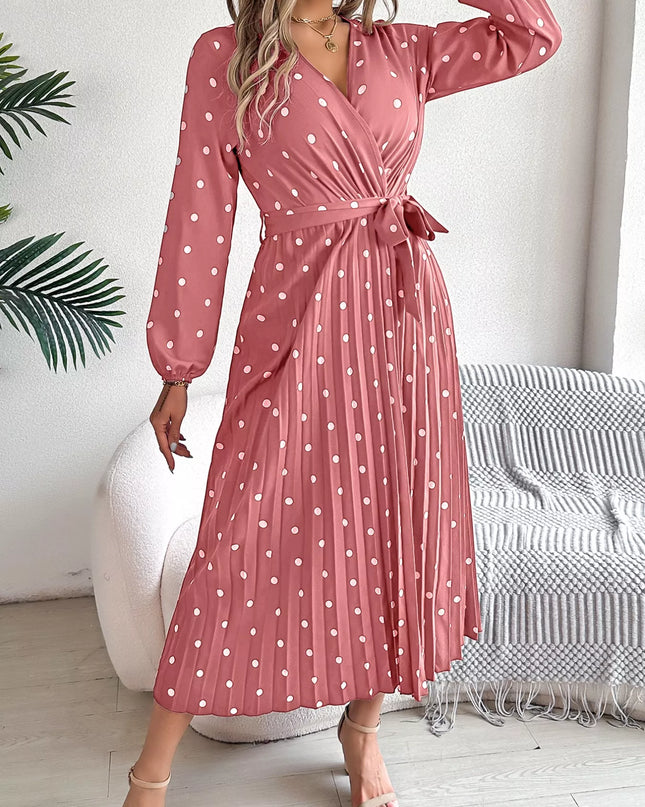Front Tie Polka Dot Midi Pleated Dress