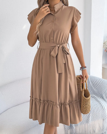 Tie Waist Ruffled Cap Sleeve Dress