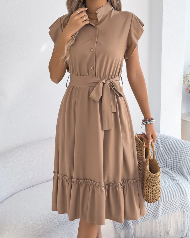 Tie Waist Ruffled Cap Sleeve Dress