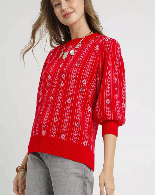 Umgee Jacquard Knit Puff Sleeve Sweater