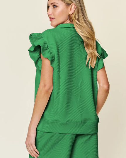 Double Take Full Size Texture Flounce Sleeve Top and Drawstring Shorts Set