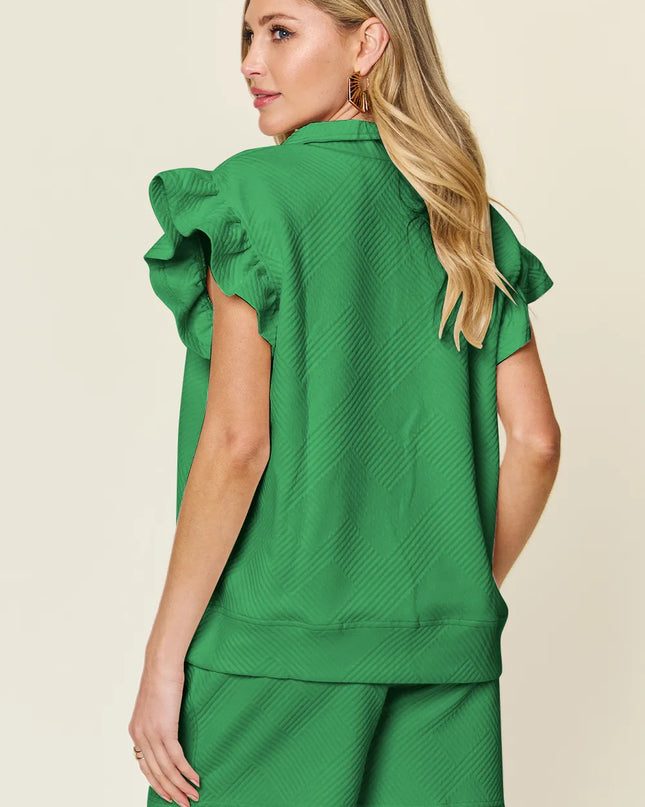 Double Take Full Size Texture Flounce Sleeve Top and Drawstring Shorts Set