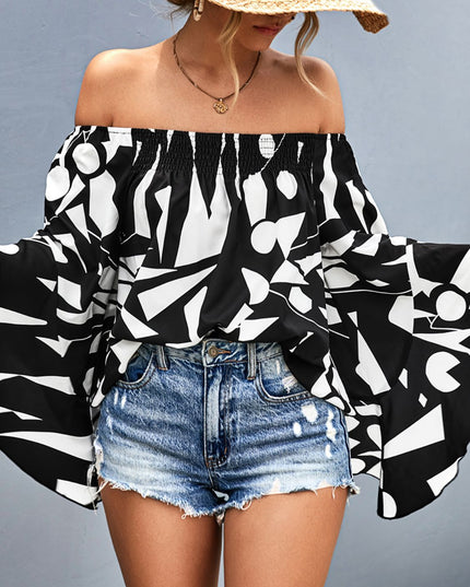 Printed Off-Shoulder Bell Sleeve Blouse Black