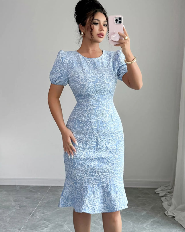 Rose Jacquard Bodycon Dress with Puff Sleeves
