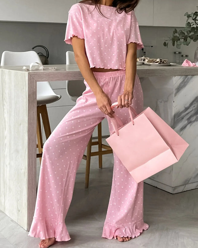 Polka Dot Round Neck Top and Pants Lounge Set