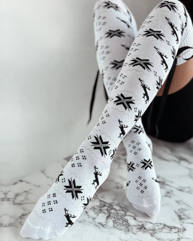 Christmas Element Bowknot Ribbed Trim Over Knee Stockings White One Size