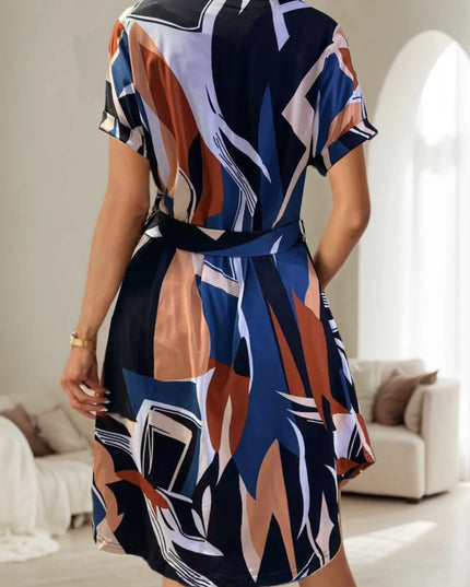 Abstract Print Belted Short Sleeve Midi Dress