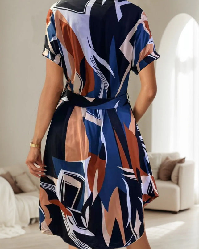 Abstract Print Belted Short Sleeve Midi Dress